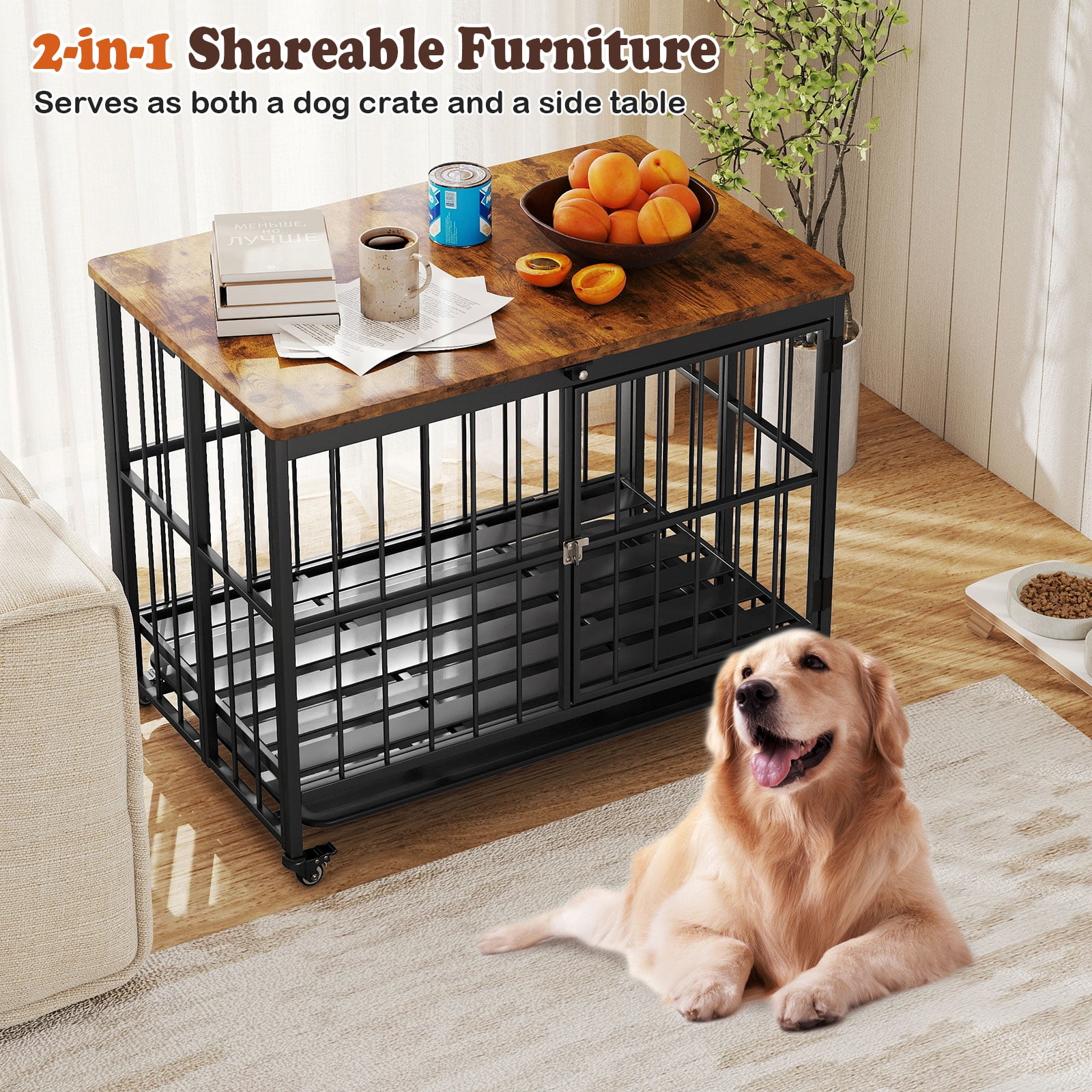 Gymax Foldable Dog Crate Furniture w/Removable Tray Lockable Door Lockable Wheels