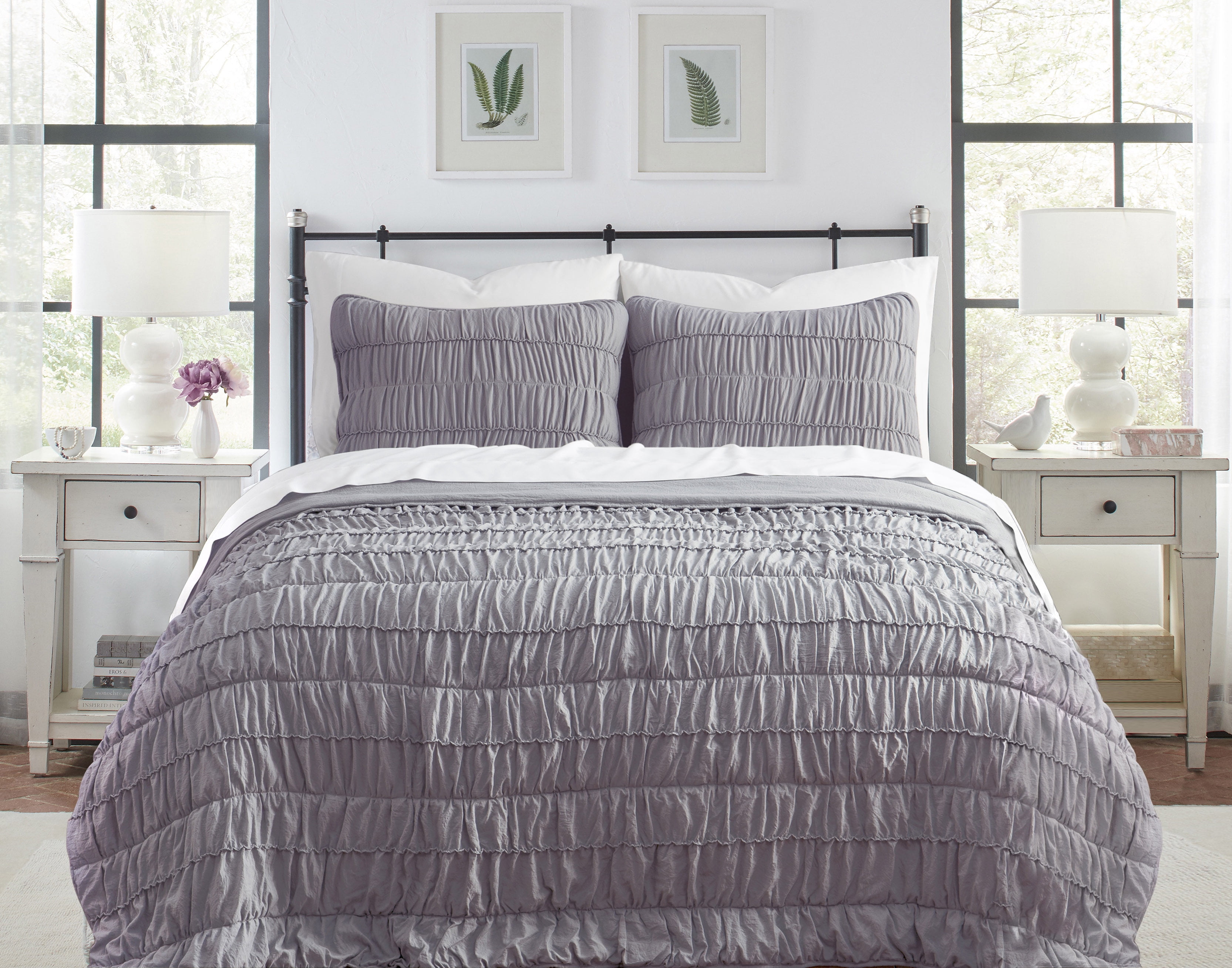 Ultra Soft Garment Washed Ruched Texture 3 PC Quilt Bedding Set - Lilac - Full/Queen