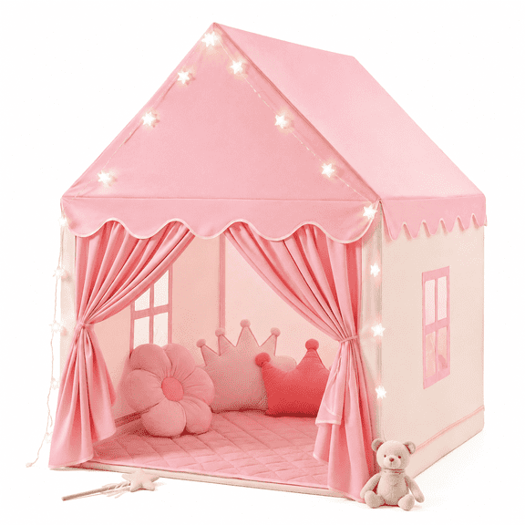 SweHouse Kids Play Tents Indoor & Outdoor for Girls Large Fairy Playhouse with Soft Rug and Star Lights for Toddlers Princess Castle Tent Gift Toys for Girl Toddler Children (Pink)
