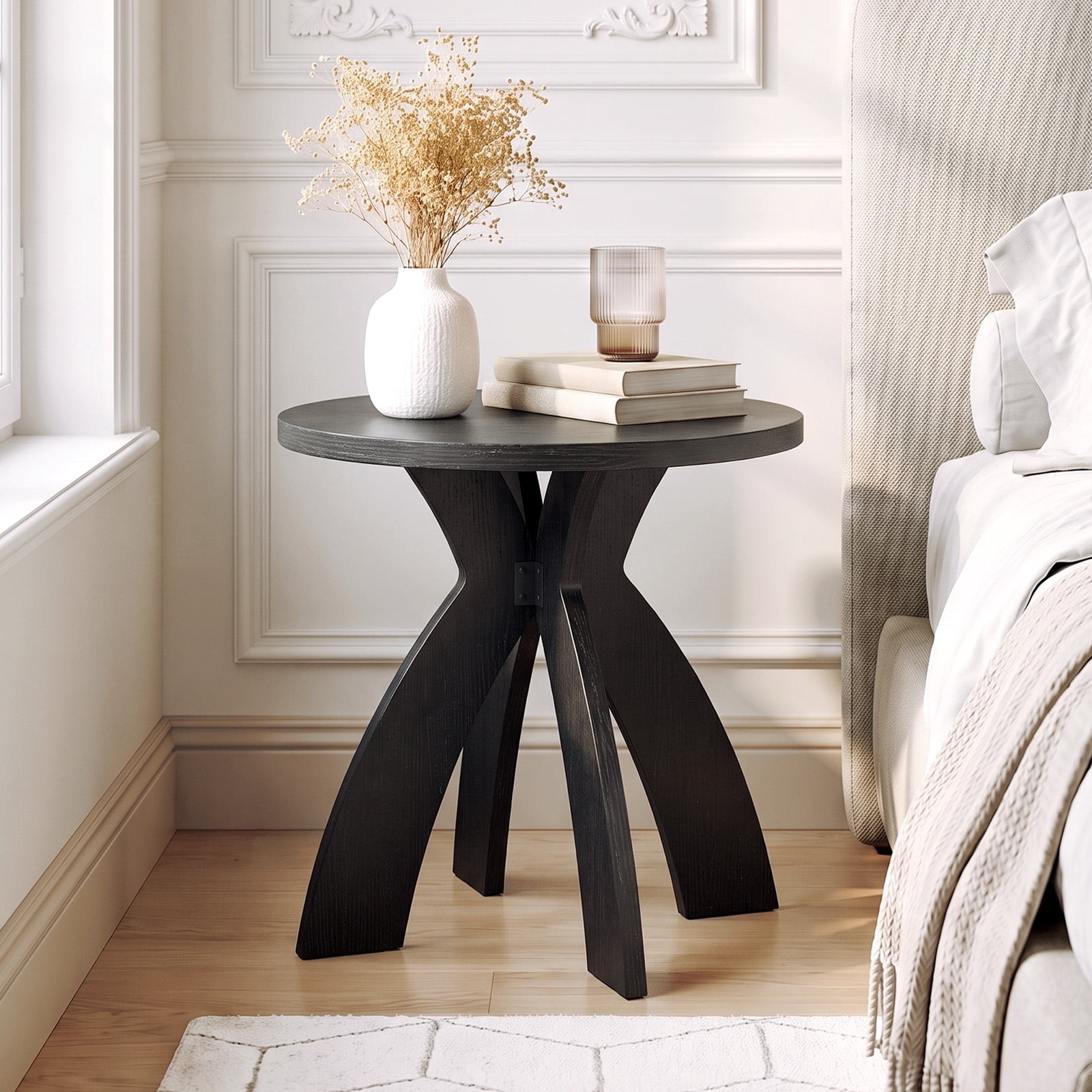 Astoutdoor Round Side Table, 23.6 in Circular End Table with Curved Cross Legs, Black Melamine Laminated MDF Accent Table for Living Room, Bedroom, Balcony