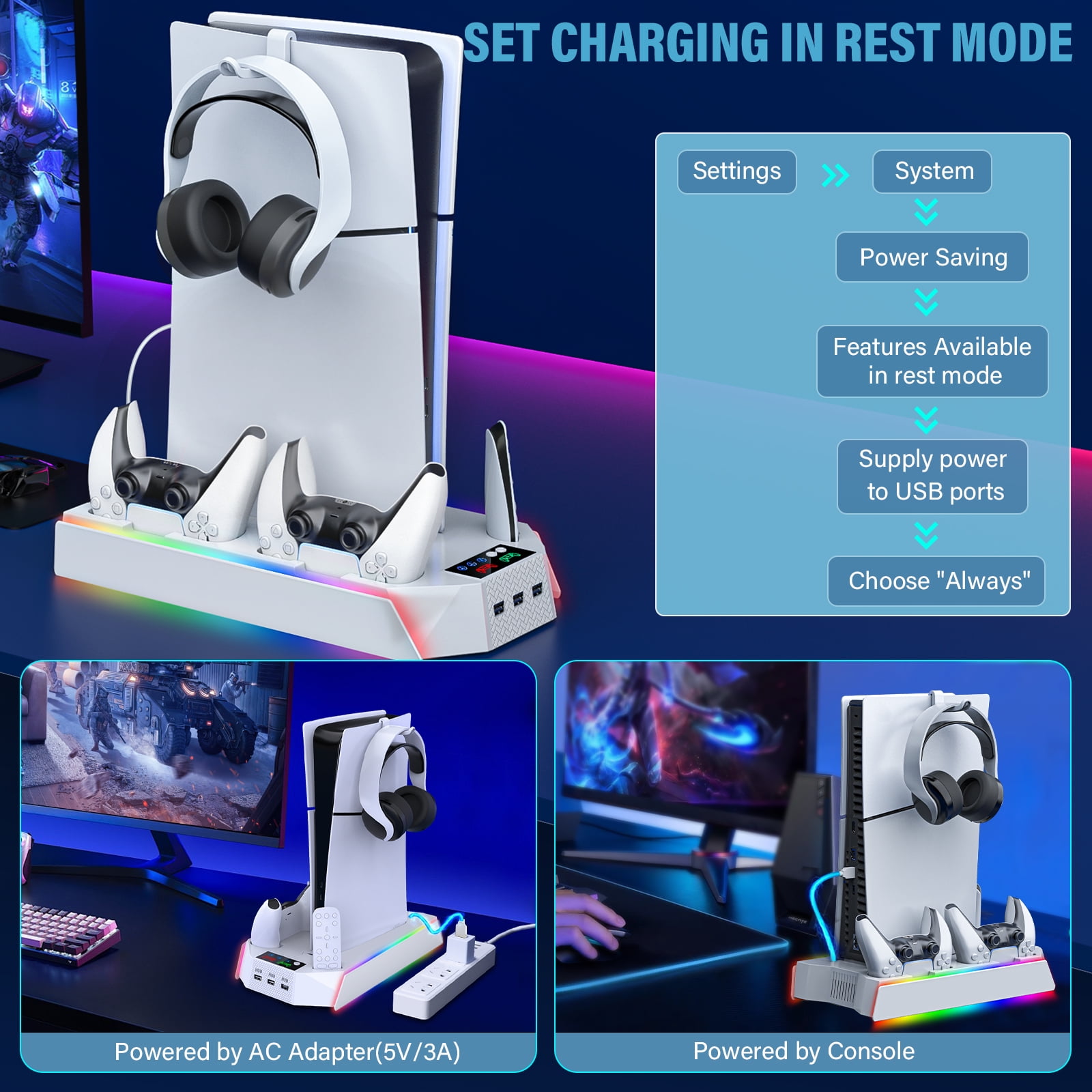 PS5 Stand with Cooling Fan,ZRZLMVP PS5 Cooling Station with Dual Controller Charging Station for PS5 Slim/Pro/Standard,3H Fast Charging/3 Speed Airflow/3 USB Ports/3 Lights-White