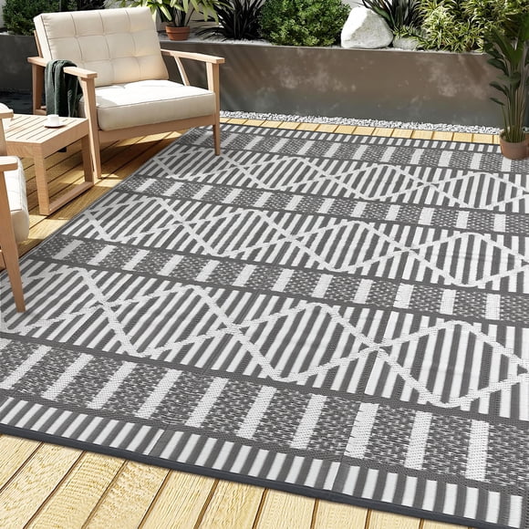 Outdoor Rug, Reversible Waterproof Patio Carpet – Durable Plastic Straw, Easy Care & Collapsible – Modern Geometric, 8x10ft Grey White – for Garden Camping Balcony Picnic Deck, USA Spec