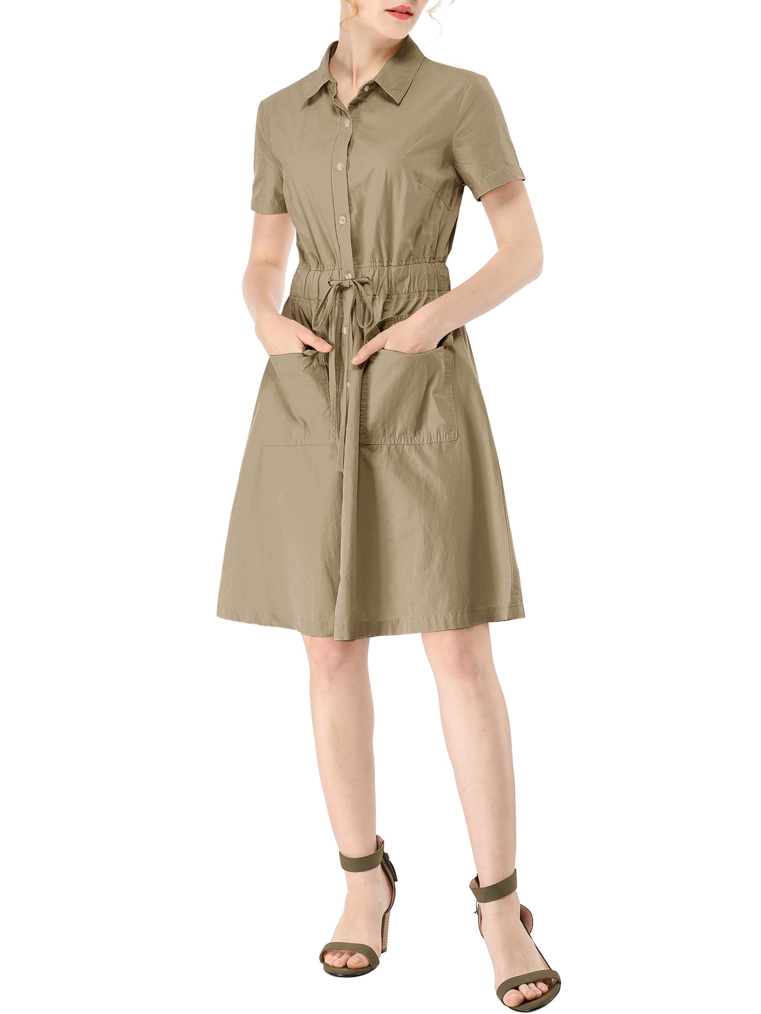 DARING DIVA Collar Elastic Waist Above Knee Dress with Pocket L Dark Khaki