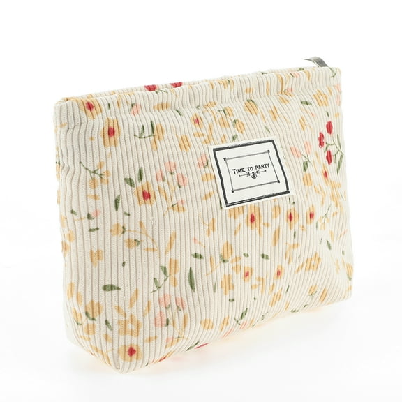 1 Pc Women Durable Drawstring Floral Cosmetic Bag for Outdoor Activities Beige Corduroy