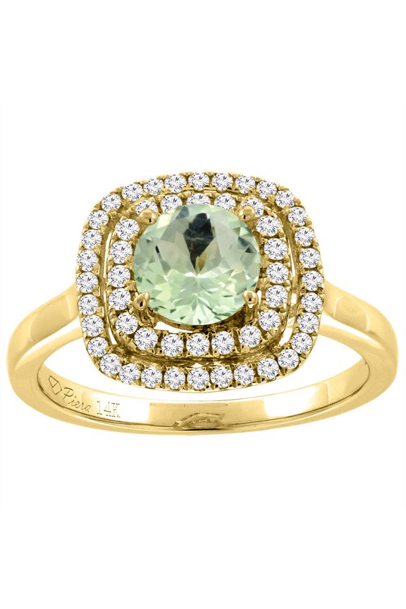 14K Yellow Gold Natural Green Amethyst Double Halo Diamond Engagement Ring Round 7 mm, size 7