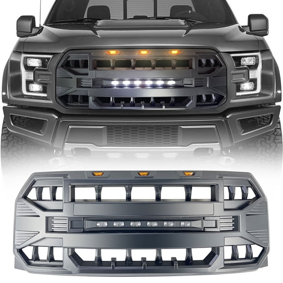 Armor Style Grill Front Bumper Grille w/Off Road Lights For 2015-2017 Ford F150 Matte Black ABS