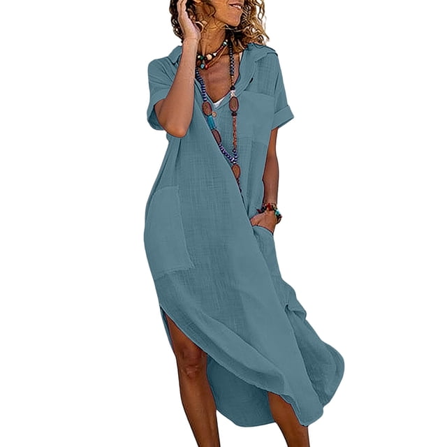 Robe en Lin à Col pour Femmes Manches Courtes Boutonnée Été 2026 Robes Décontractées Couleur Unie Col Rabattu Midi Robe d'Été Coupe Décontractée