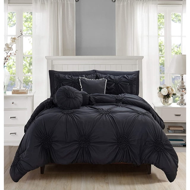 All Season 10-PIECE Bed in a Bag Sun Flower Collection Comforter Set Wrinkle Resistant Silky-Soft Includes Bed Sheet Set, Full/Queen, Black