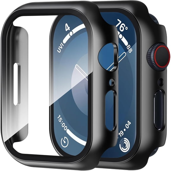 2‑Pack Black Hard PC Case with Tempered Glass Screen Protector for Apple Watch SE3(2025)/SE2/SE Series 6/5/4 44mm, Overall‑Protective Scratch‑Resistant iWatch Protective Bumper Cover