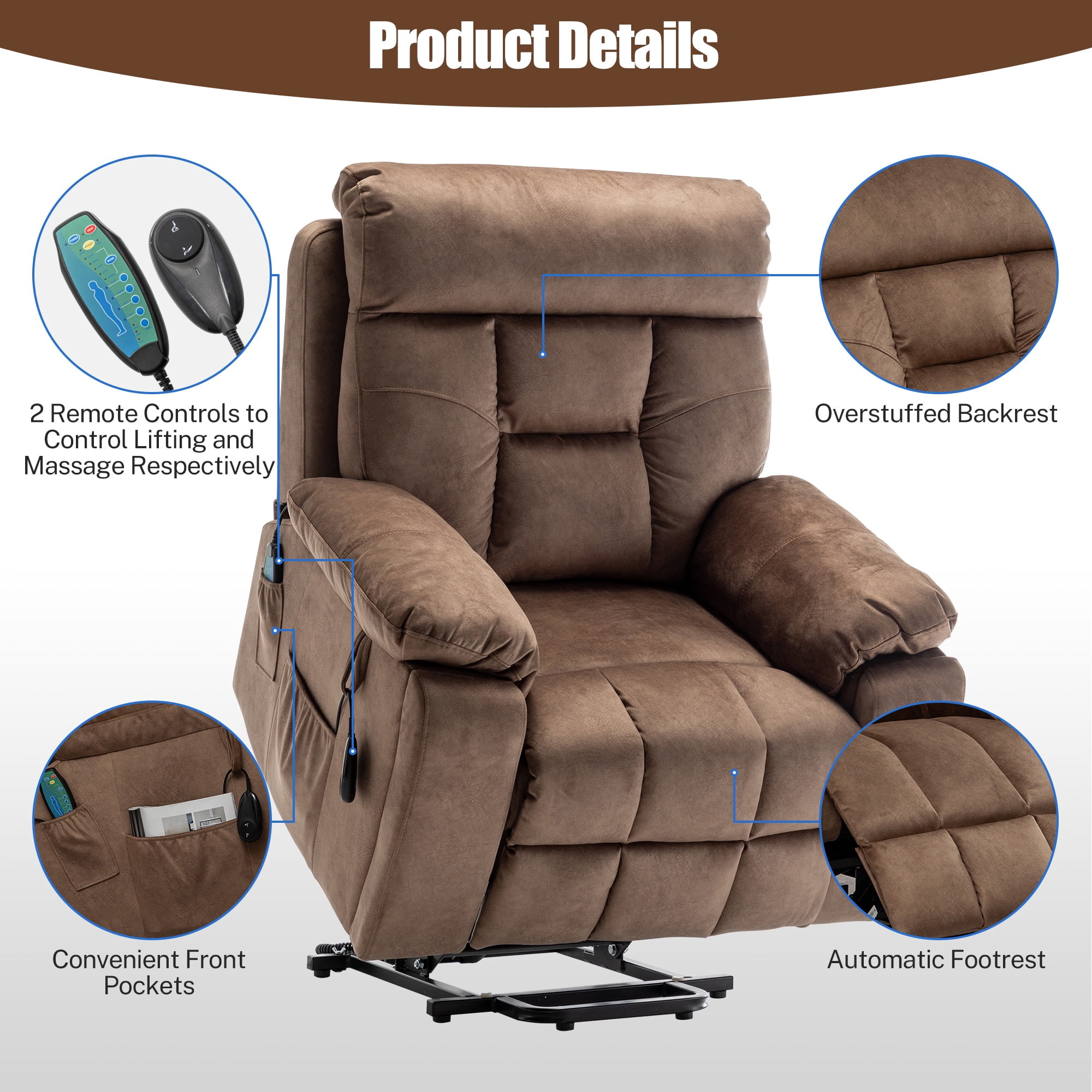 SYNGAR Electric Lift Recliner Chair with Heat and Massage, Oversized Recliner with Hidden Cup Holder for Living Room, Single Recliner Sofa with 26" Width Seat, Easy Assembly, Brown