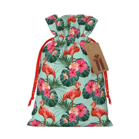 Naloa Palm Leaves Flamingo Drawstring Christmas Bags, 3D Xmas Gift Bags, Christmas Wrapping Bags, Xmas Goodie Bags, Treat Pouch Bags, Party Favor Bags-Small