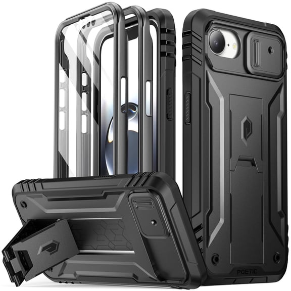 Poetic Revolution for iPhone 17e Case & iPhone 16e 6.1 inch Case, [Slide Camera Cover], Full-Body Military Grade Rugged Shockproof Cover with Kickstand and Built-in-Screen Protector, Black