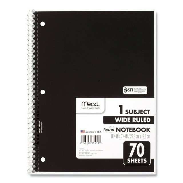 Mead Spiral Bound Notebook, Wide Rule 8 1/2 x 11, 70 sheets/Pad, Assorted Colors (Color Choice Not Available)