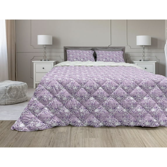 Mauve Comforter & Sham Bedding Set, Digital Guiloche Fractal Crystal Floral Ornamental Retro Design, 3 pcs Duvet Set Microfiber Filling Quilt, 5 Sizes, Lilac and Lavender, by Ambesonne