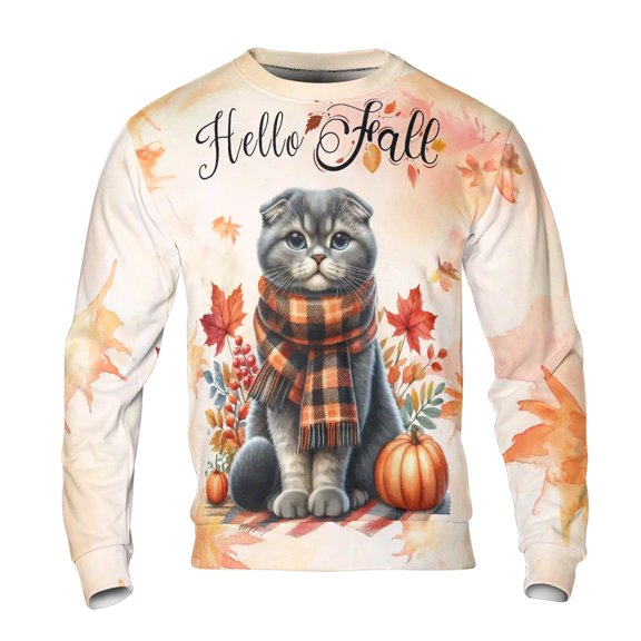 Hello Fall Scottish Fold Scarf Welcome Autumn with Leaves Pumpkins All Over Print 3D Sweatshirt Unisex Merch Cat Lover Kitten Owner Gifts - 00011