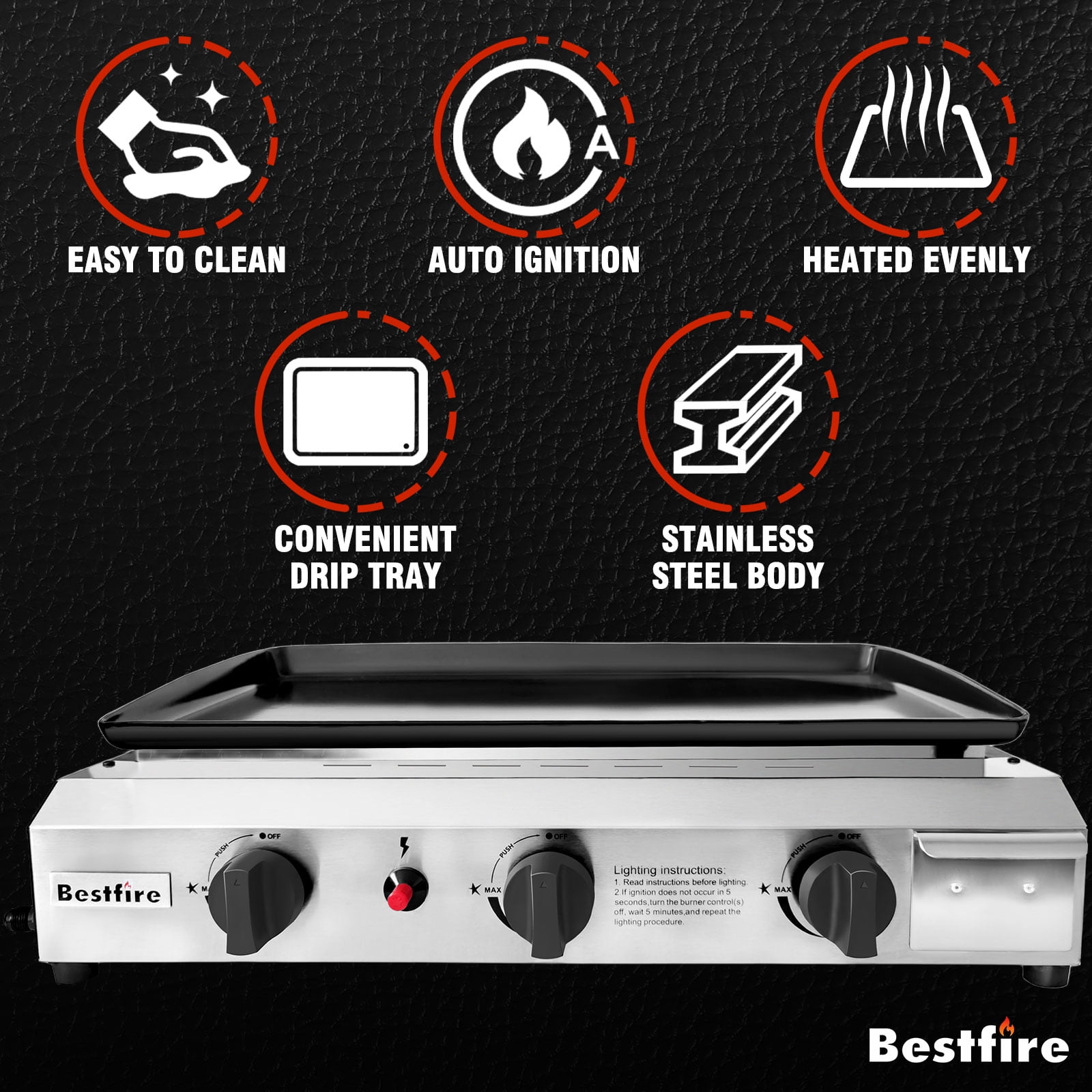 Bestfire 3 Burners Gas Propane Griddle,30000 BTU Outdoor Portable Propane Gas Grill Griddle, Stainless Steel Flat Top Griddle Station for Kitchen, BBQ, Camping Tailgating 23 Inch Flat Top Grill
