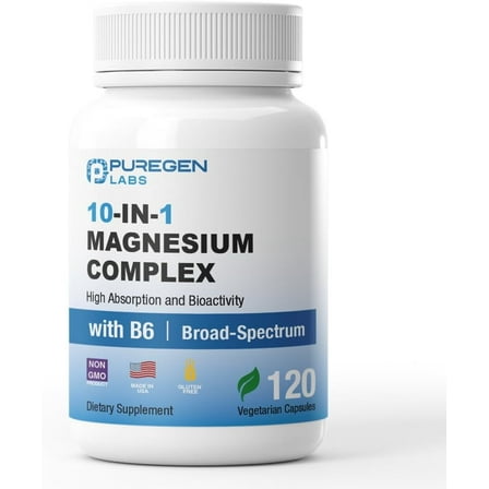 Puregen Labs 10 in 1 Magnesium Complex 500mg with B6-120 Veggie Capsules [High Absorption and Bioactivity] Non-GMO, NO Gluten and Dairy - Made in USA