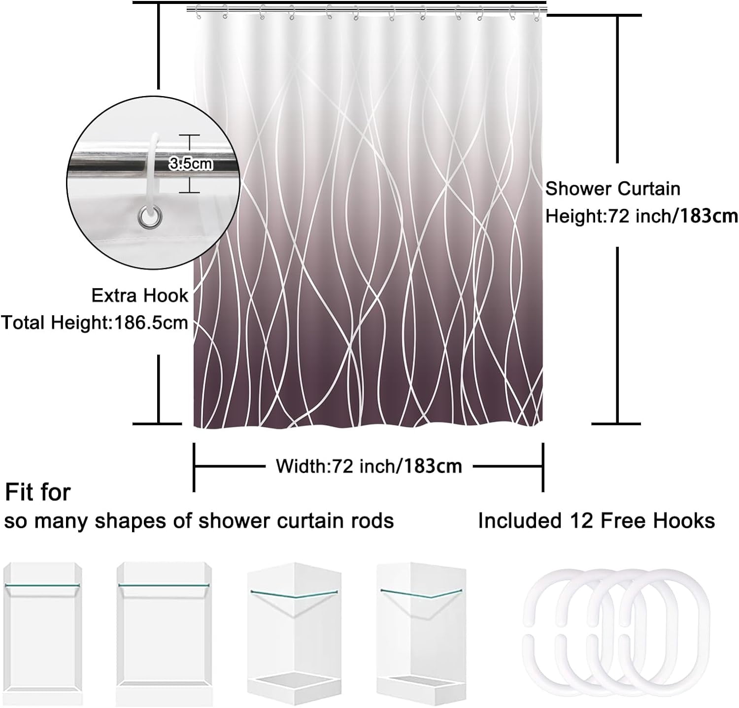Burgundy Striped Fabric Shower Curtain for Bathroom with 12 Hooks, Shower Curtains for Bathroom, Waterproof Bath Accessories Hotel Style - Machine Washable 72 X 72