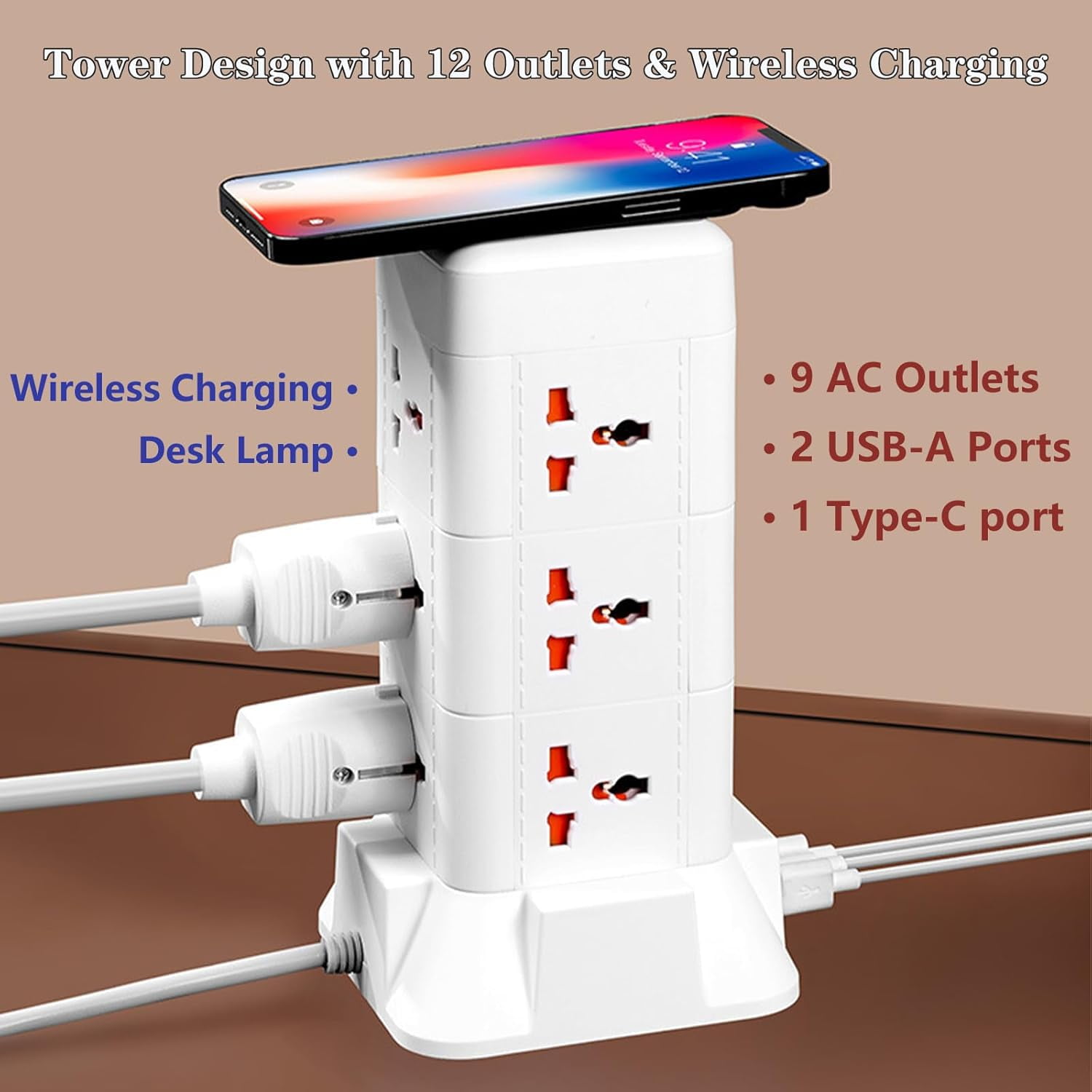 Samovi Power Strip Tower with Night Light & Wireless Charger, 9 AC Outlets, 2 USB + 1 Type-C Port, 6.6ft Extension Cord for Home Office Dorm Room, White