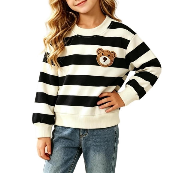 Xdegoge Toddler Boys Striped Sweatshirt Long Sleeve Crewneck Pullover Tops Cute Bear Patch Casual Fall Winter Clothes for Kids, Size 3-4T