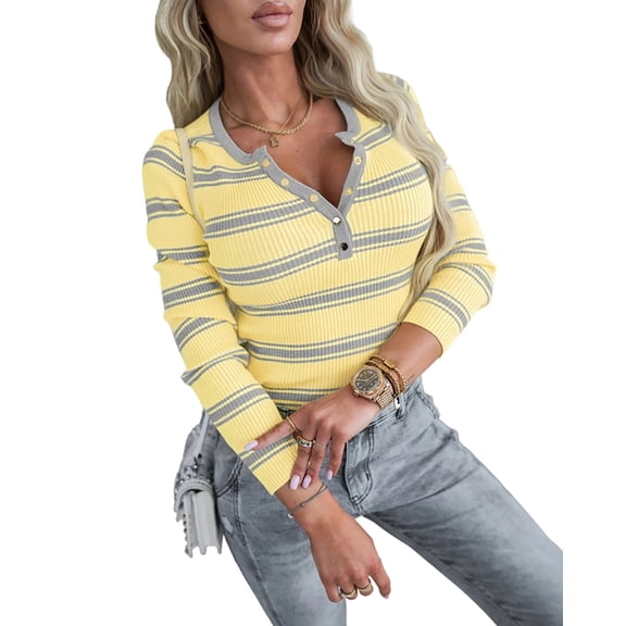ChicMe Striped Shirts for Women Henley Neck Long Sleeve Elastic Slim Fit Shirt Ribbed Knit Tops Yellow-L