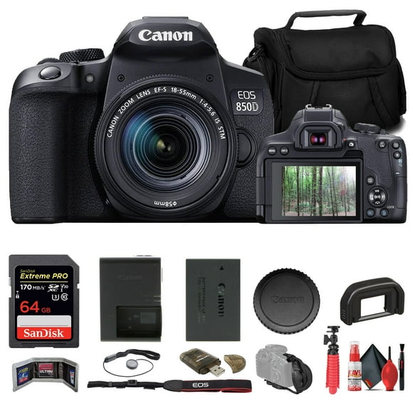 Canon EOS 850D / Rebel T8i DSLR Camera with 18-135mm Lens (3924C002) + 64GB Memory Card + Card Reader + Case + Flex Tripod + Hand Strap + Memory Wallet + Cap Keeper + Cleaning Kit