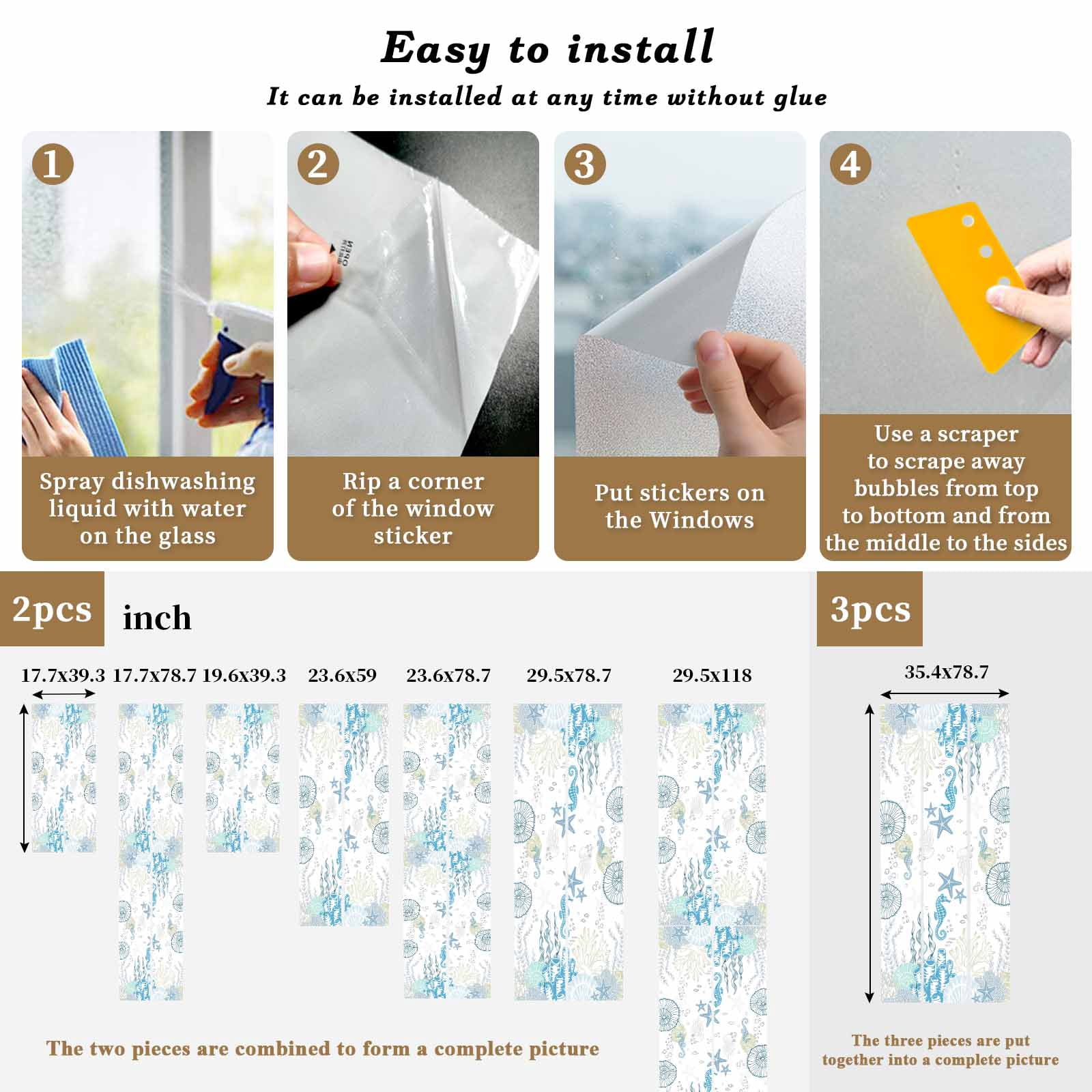Coastal Blue Window Privacy Film, Ocean Coral Starfish Jellyfish Seahorse Static Cling UV Sun Blocking Heat Control Window Tint Day and Night, Non-Adhesive One Way Windows Privacy Cover 23.6''x59''