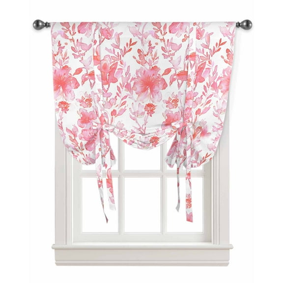 Watercolor Pink Floral Tie Up Curtains for Kitchen Bathroom Bedroom Windows 54 Inch Length, Pink Ombre Botanical Summer Balloon Drape Curtains Shade Rod Pocket Drapery Curtain Panel, 42"x63"