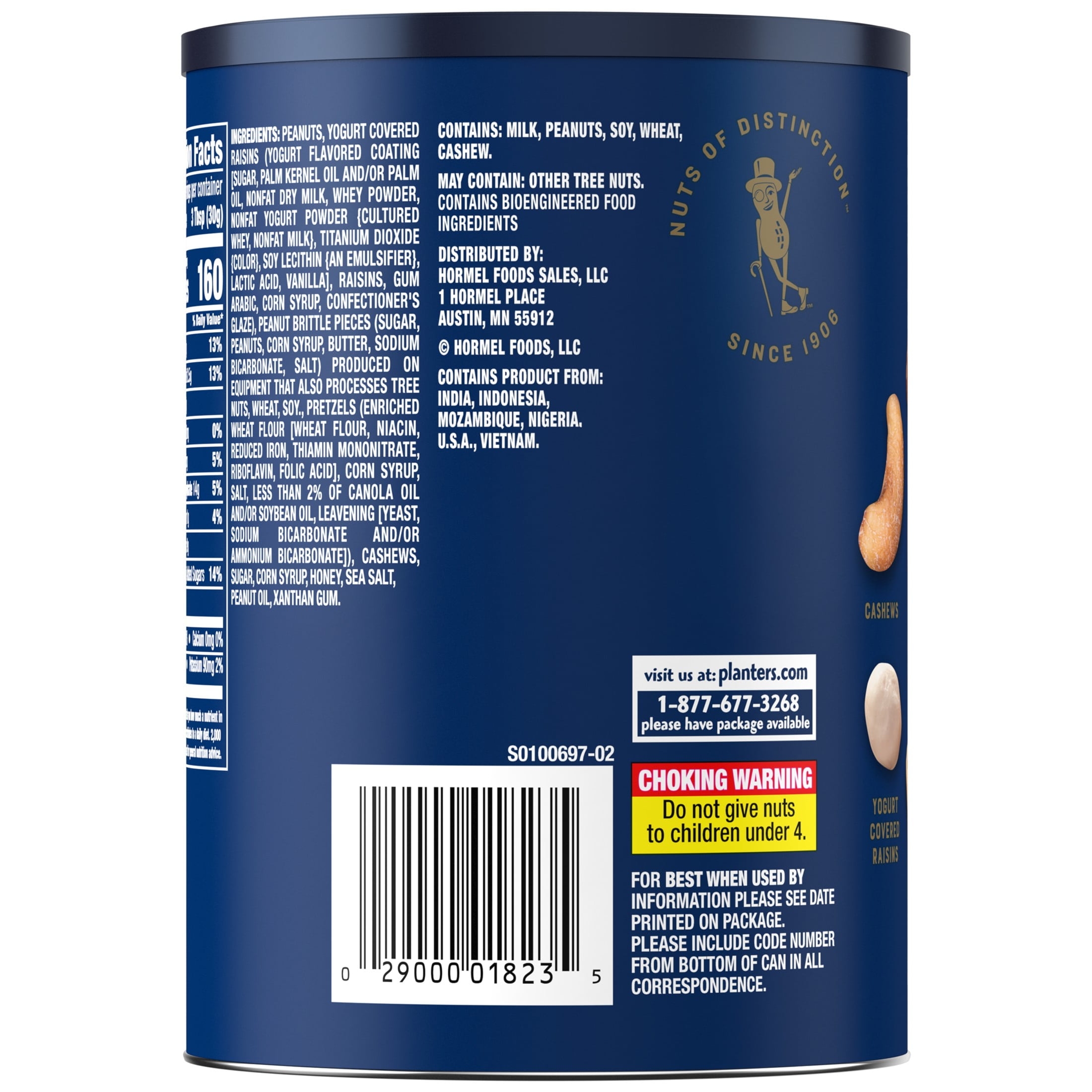 PLANTERS Winter Edition Brittle Nut Medley Trail Mix Snack with Honey Peanuts, Yogurt Raisins, Peanut Brittle, Pretzels and Cashews, Plant Based Protein, 1.20 lb. Canister