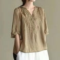 thumbnail image 2 of Camisa vintage de lino bordada para mujer: cuello en V holgado, manga 3/4, mezcla transpirable, jersey informal, blusa para todas las estaciones, 2 of 8