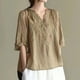 thumbnail image 2 of Camisa vintage de lino bordada para mujer: cuello en V holgado, manga 3/4, mezcla transpirable, jersey informal, blusa para todas las estaciones, 2 of 8