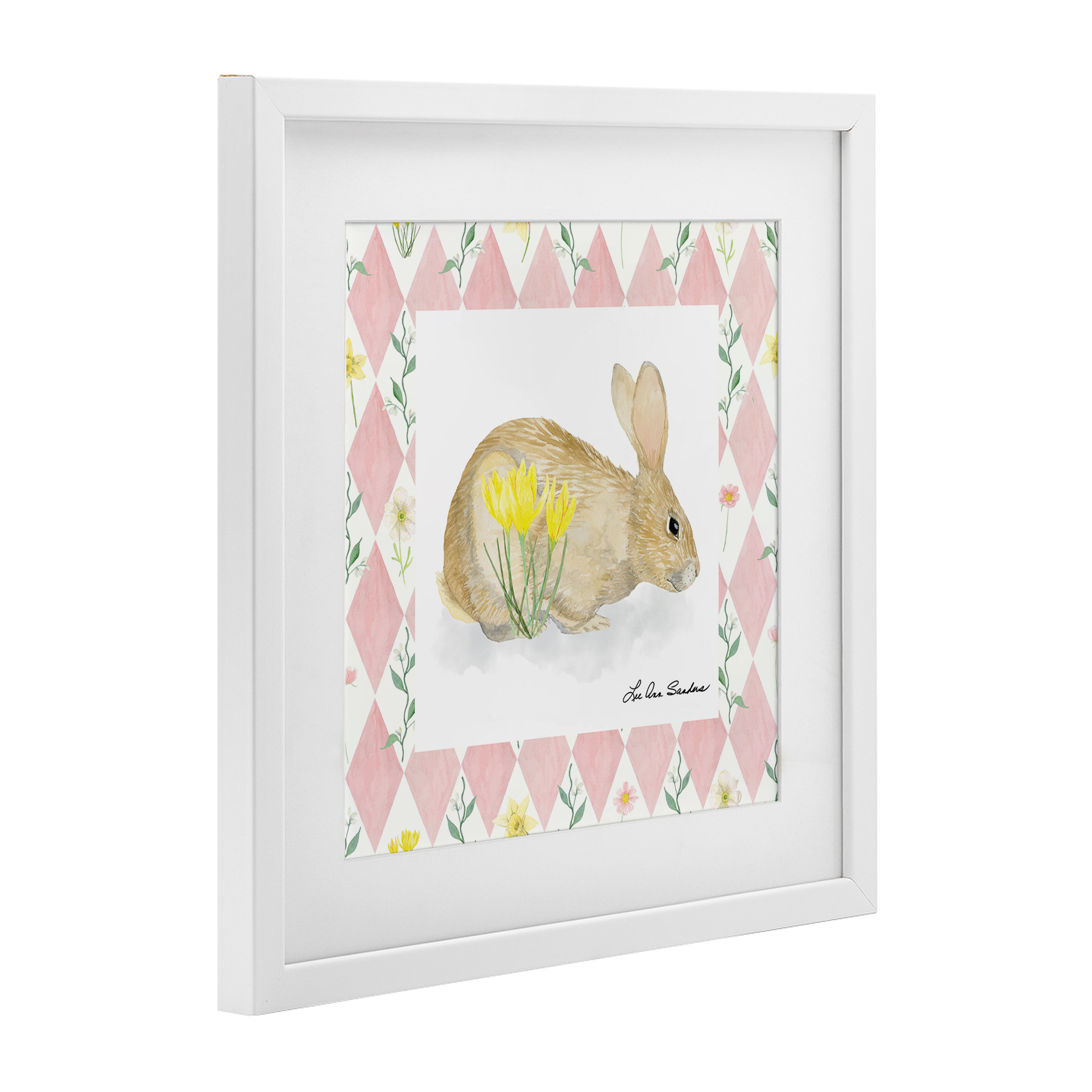 Buttercup Bunny on Pink Argyle White Framed Print Under Glass, design by Lee Ann Sanders