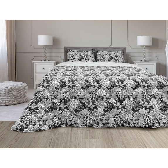 Vintage Comforter & Sham Bedding Set, Floral Theme Roses and Insects Butterfly Botanical Leaves Image, 3 pcs Duvet Set Microfiber Filling Quilt, 5 Sizes, Charcoal Grey White, by Ambesonne