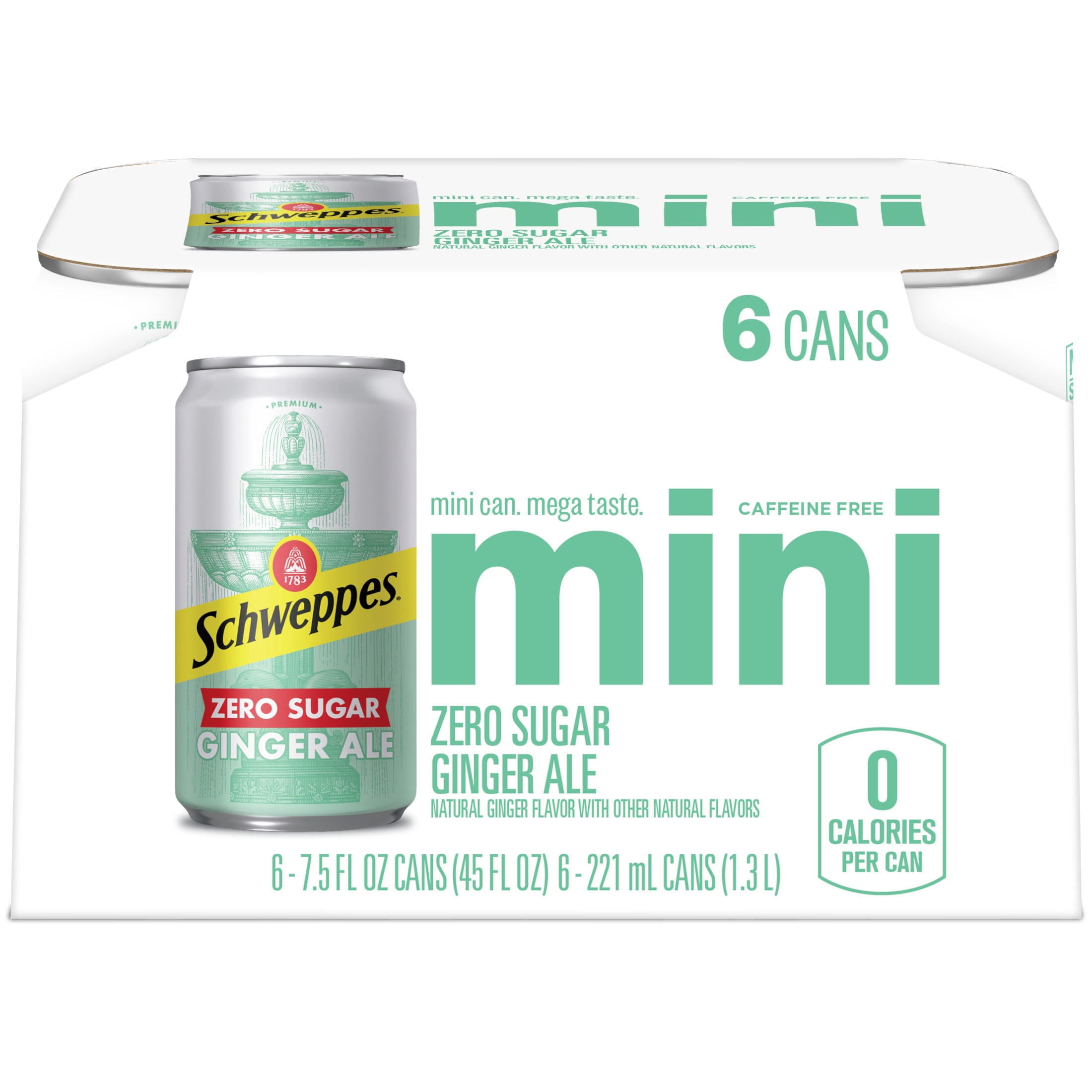 (4 pack) Schweppes Caffeine Free Zero Sugar Ginger Ale Soda Pop, 7.5 fl oz, 6 Pack Cans