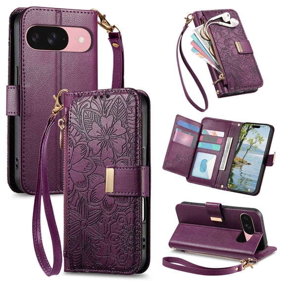 ELEHOLD Floral Embossed Leather Wallet Case for Google Pixel 10 /10 Pro, Zipper Card Holder Shockproof TPU Anti-Scratch Flip Stand Wallet Case Cover With Detachable Crossbosy/ Wrist Strap ,Purple