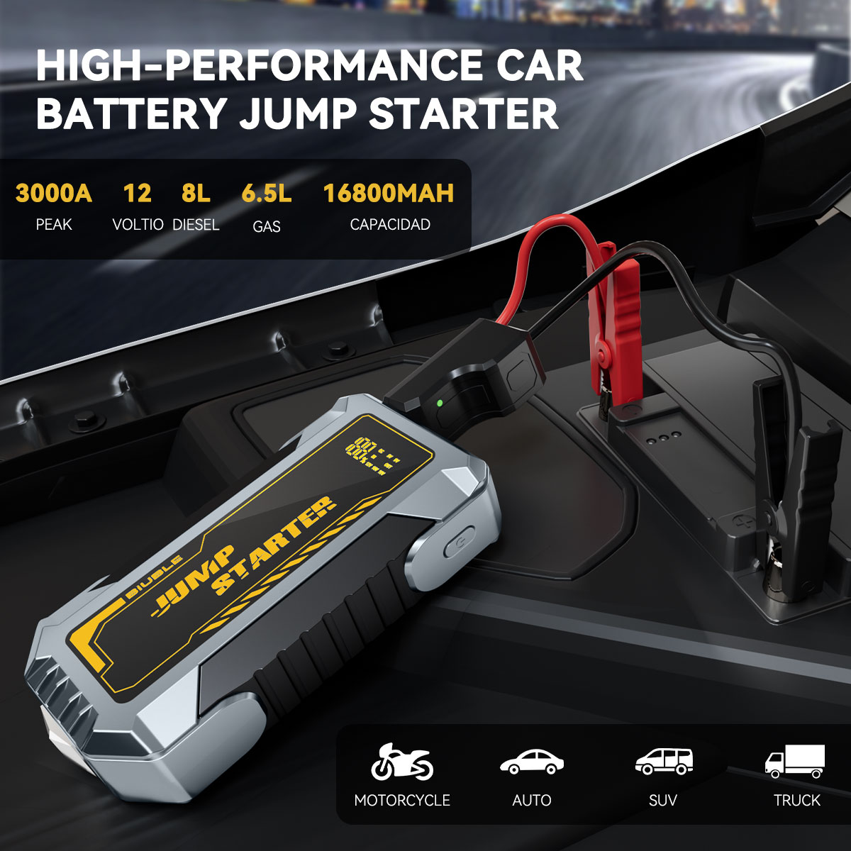BSMOOM 3000A Car Jump Starter, 12V Car Battery Jump Starter 16800mAh (6.5L Gas/8.0L Diesel Engine), Portable Jump Box with LCD Display, 3 Modes LED Light, Window Hammer, Case, Jumper Cable