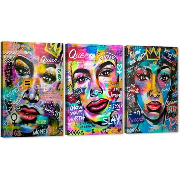 3 Pieces African American Canvas Wall Art, Black Art King and Queen Paintings for Wall, Egyptian Crown Black Lover Drawing for Bedroom Living Room Unframed