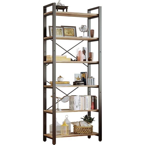 IRONCK Bookshelf 6 Tier Ladder Shelf 110lbs/shelf Vintage Industrial
