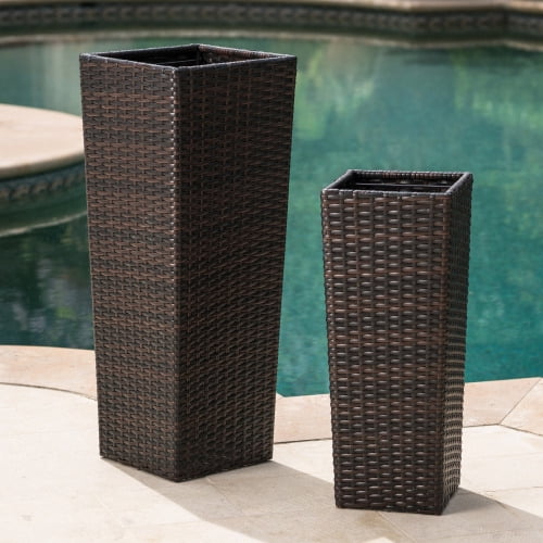 Chak’s Choice Wicker Planters for Outdoor Plants Set of 2, 32“& 24 ” Tall Planter for Front Porch, Patio, Balcony, Indoor Usage - Square Rattan Flower Pots, Brown