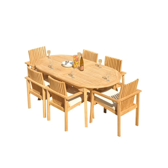 Grade-A Teak Dining Set: 6 Seater 7 Pc: 94" Oval Table And 6 Clipper Stacking Arm Chairs Outdoor Patio WholesaleTeak #51CP2207
