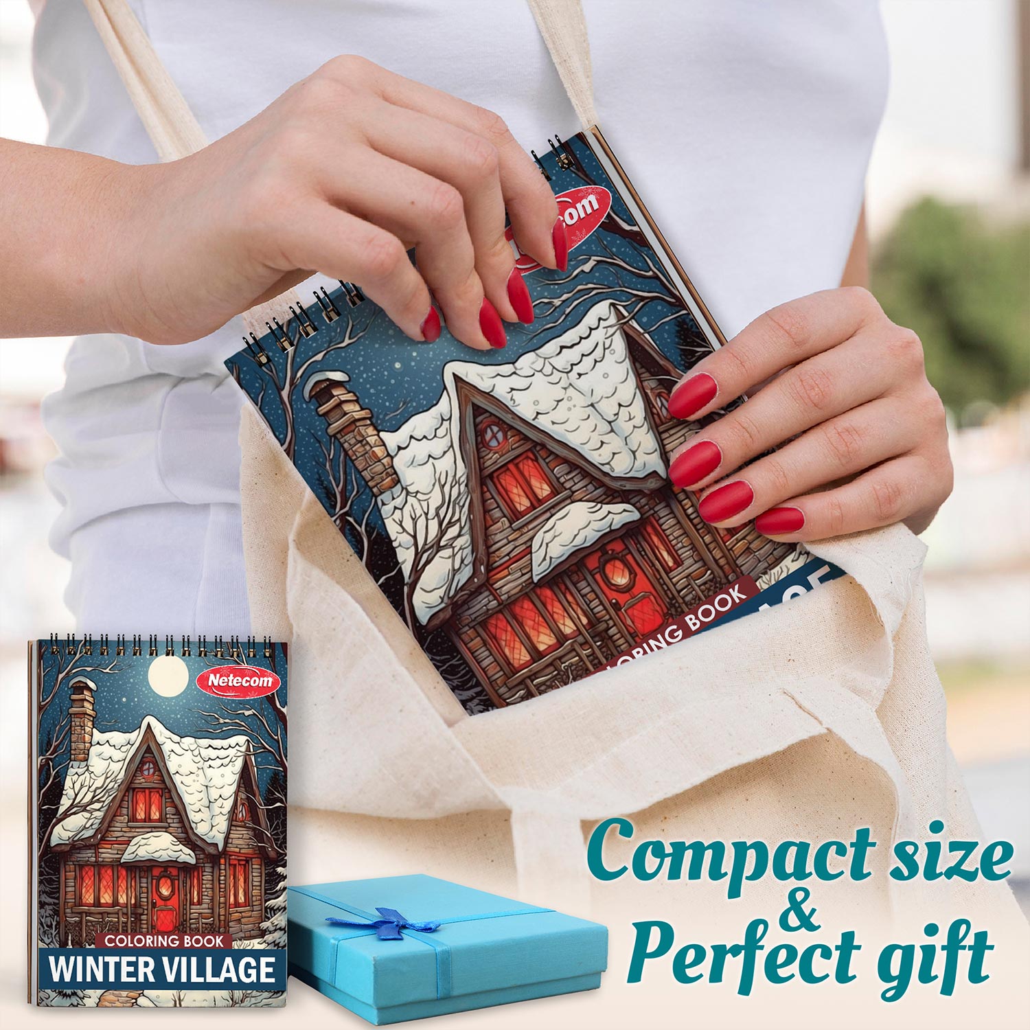 Netecom Winter Village Coloring Book Spiral Bound for Adults, A5 Wooden Cover, 30 Delightful Coloring Pages of Cozy Winter Villages for Stress Relief and Relaxation
