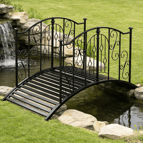 UBesGoo 4ft Arched Garden Bridge Handrail, Wrought Iron Construction, Black Matte Finish