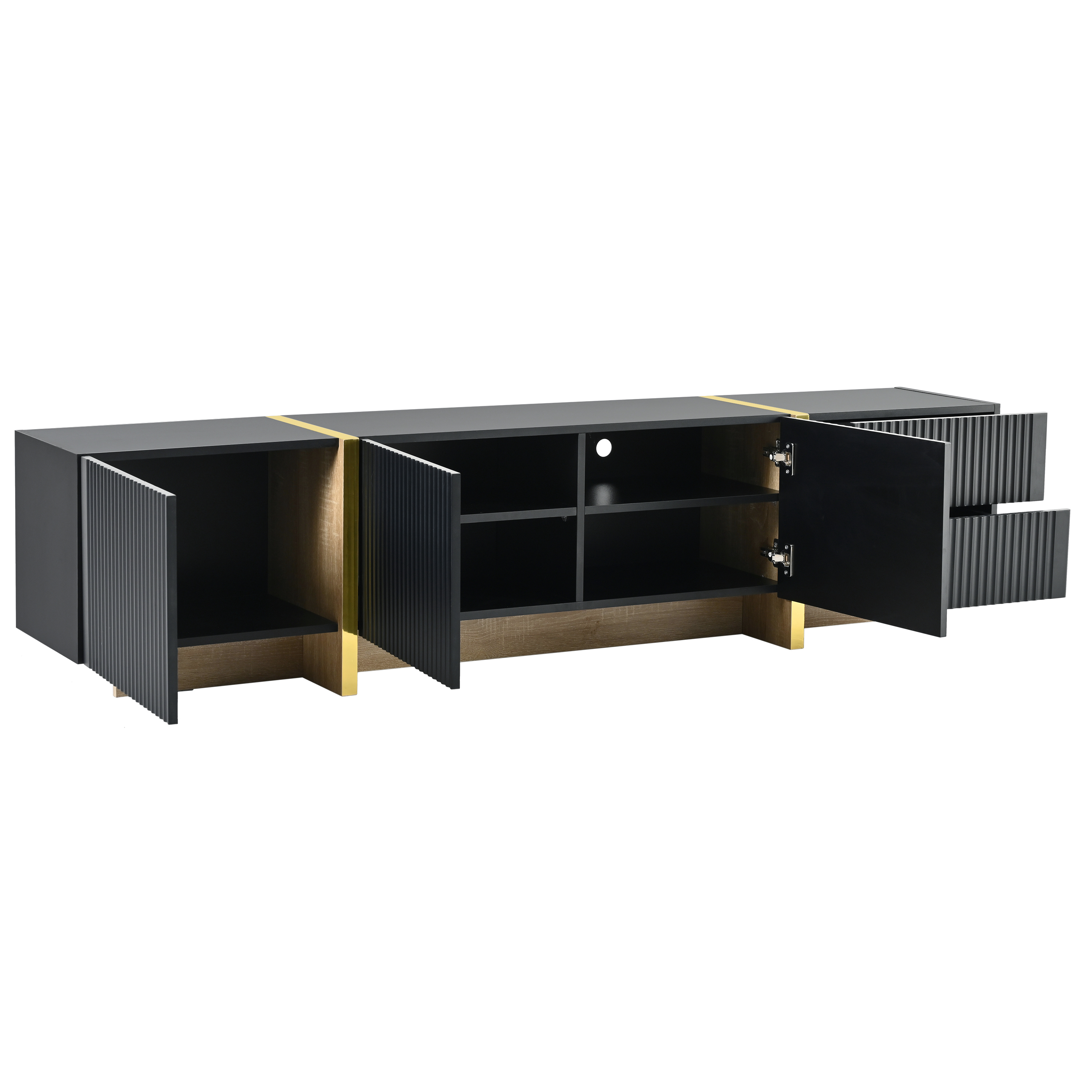 EUROCO 74.7" TV Stand Up to 75/80 inch TV,Entertainment Center with Storage, 3 Cabinet Media Console Table,Wave pattern Door with Wood Grain Legs,Living Room, Bedroom Furniture,Black