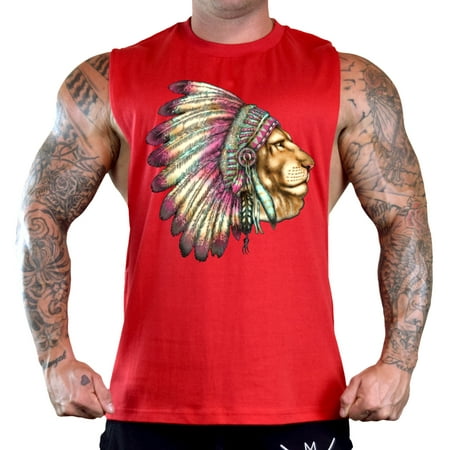 Men's Native Indian Lion Headdress Sleeveless Red T-Shirt Gym Tank Top X-Large Red