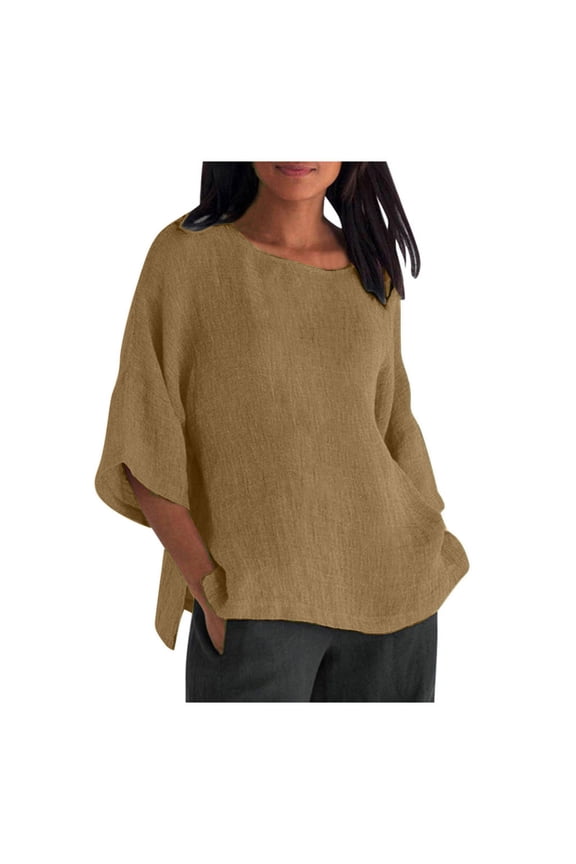 Cotton Linen Tops for Women Loose Fit Boho Solid Color Tunic Tops 2024 Summer Casual Elbow Sleeve Side Slit Blouse