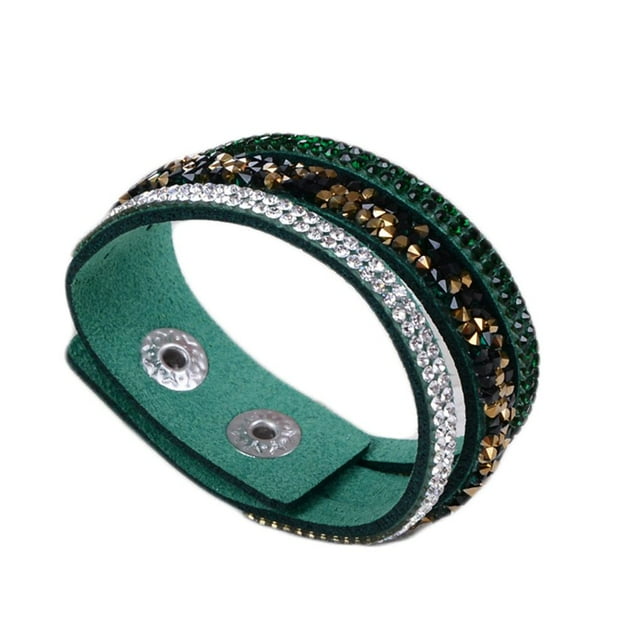 Maoww Unisex Rhinestones Leather Wrap Bracelet with Two Adjuatble Button Clasps