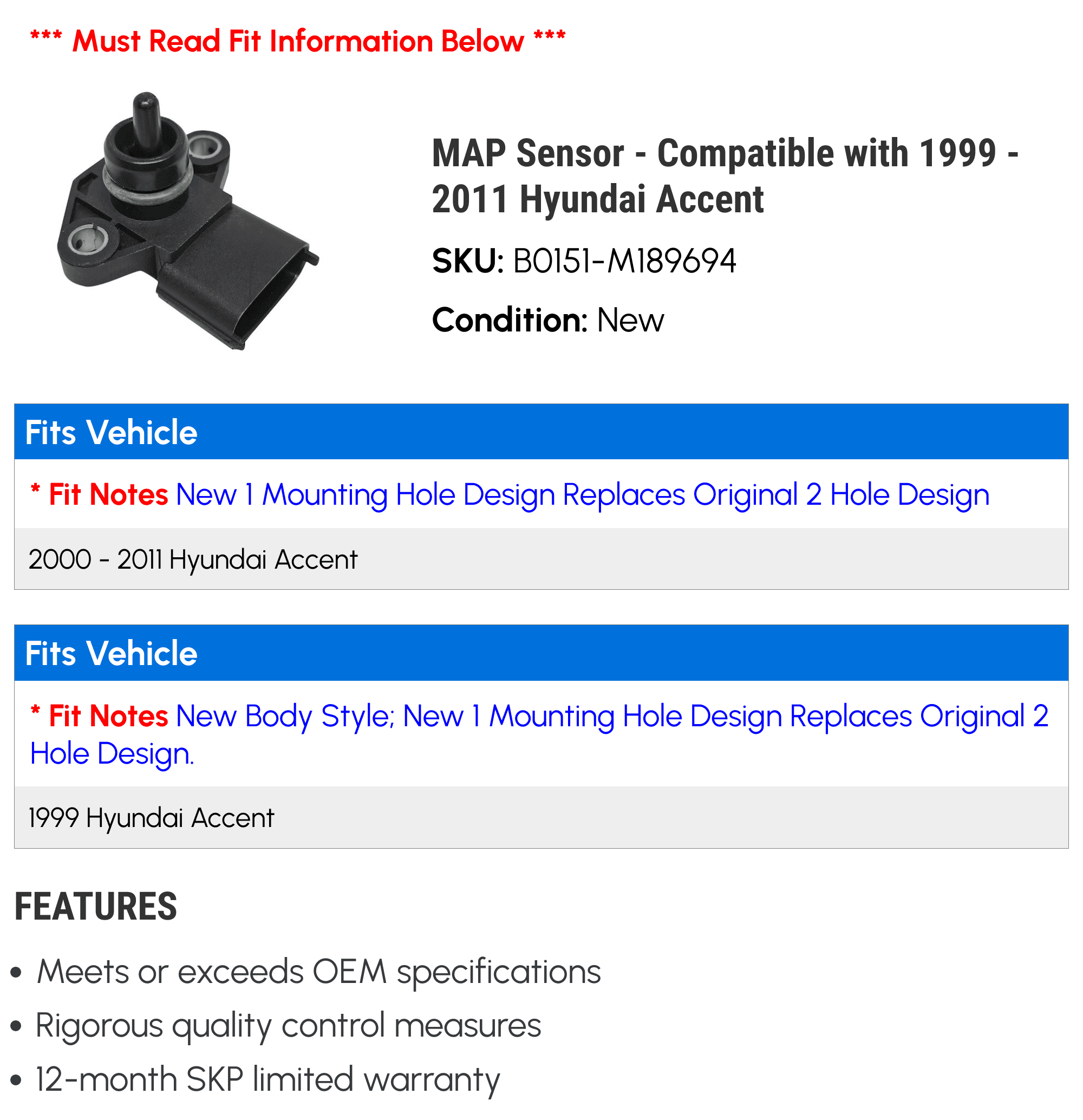 MAP Sensor - Compatible with 1999 - 2011 Hyundai Accent 2000 2001 2002 2003 2004 2005 2006 2007 2008 2009 2010