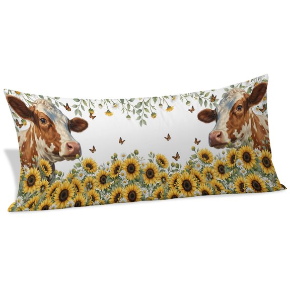 Cow Animal Throw Pillow Covers, Yellow Sunflower Farmhouse Daisy Butterfly Decorative Lumbar Throw Pillowcase Cushion Cover with Smooth Hidden Zipper for Bedroom Sofa 20 x 54 Inches