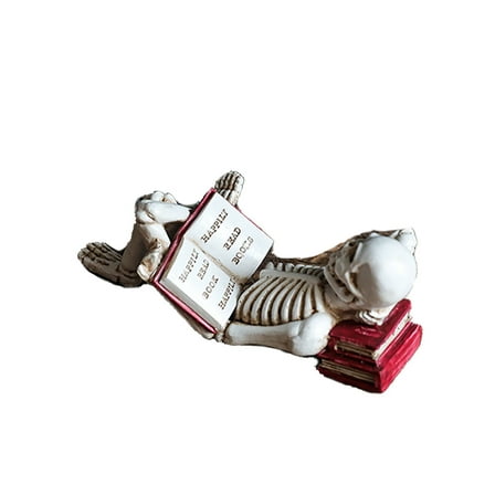 Funny Skeleton Reading Figurine Set – Resin Skeleton Statues for Halloween Decor, Spooky Book Lover Shelf Decorations,Gothic Skull Statue for Office, Home, or Library–lying skeleton