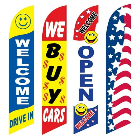 4 Advertising Swooper Flags Welcome Drive In We Buy Cars Open Patriotic